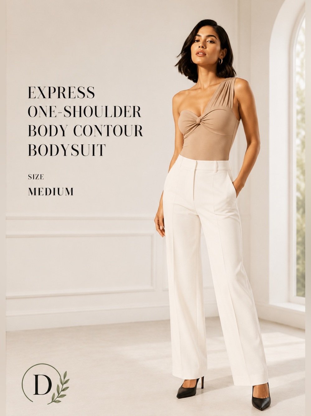 EXPRESS Tan/Nude One-Shoulder Knotted Body Contour Bodysuit NWOTs